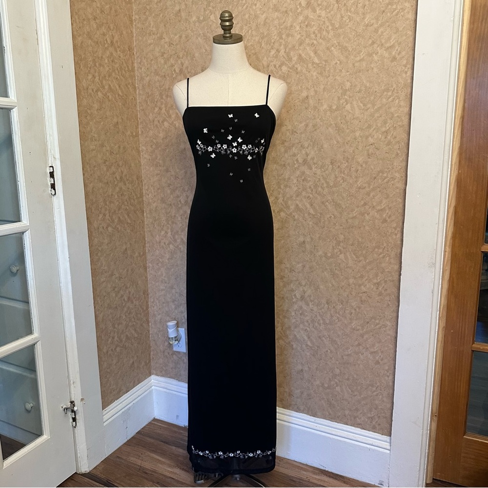 VTG 90s Black Mesh Layered Floral Embroidered Butterfly Square Neck Gown Dress